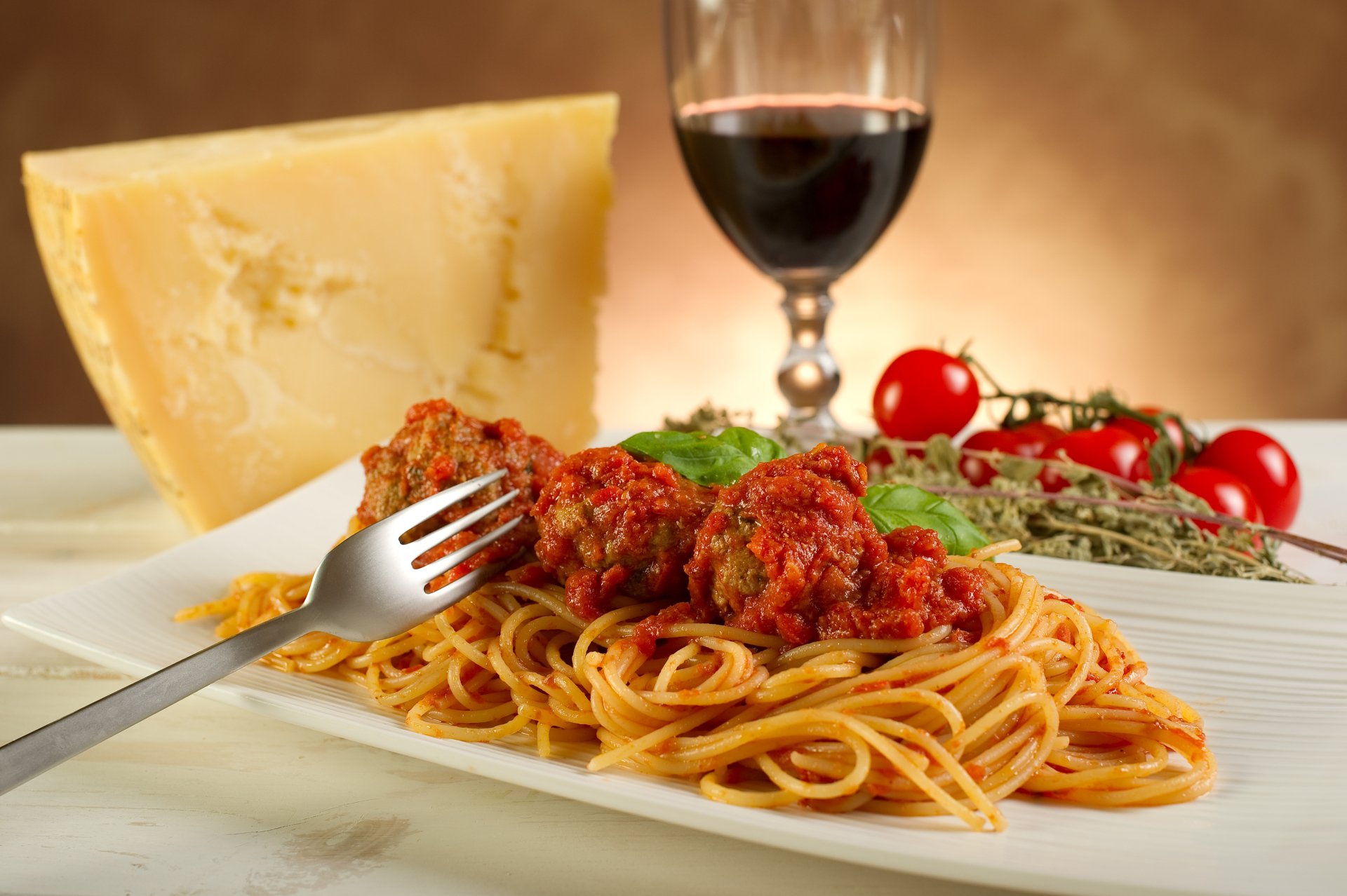 Delicious Pasta Feast Cheese Meatballs Wine 8K Ultra HD Wallpaper