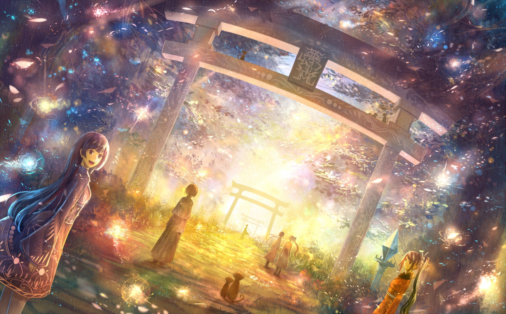 A vibrant HD anime background featuring a mystical scene with characters, glowing light, and a torii gate, creating an enchanting atmosphere in an original artwork style.