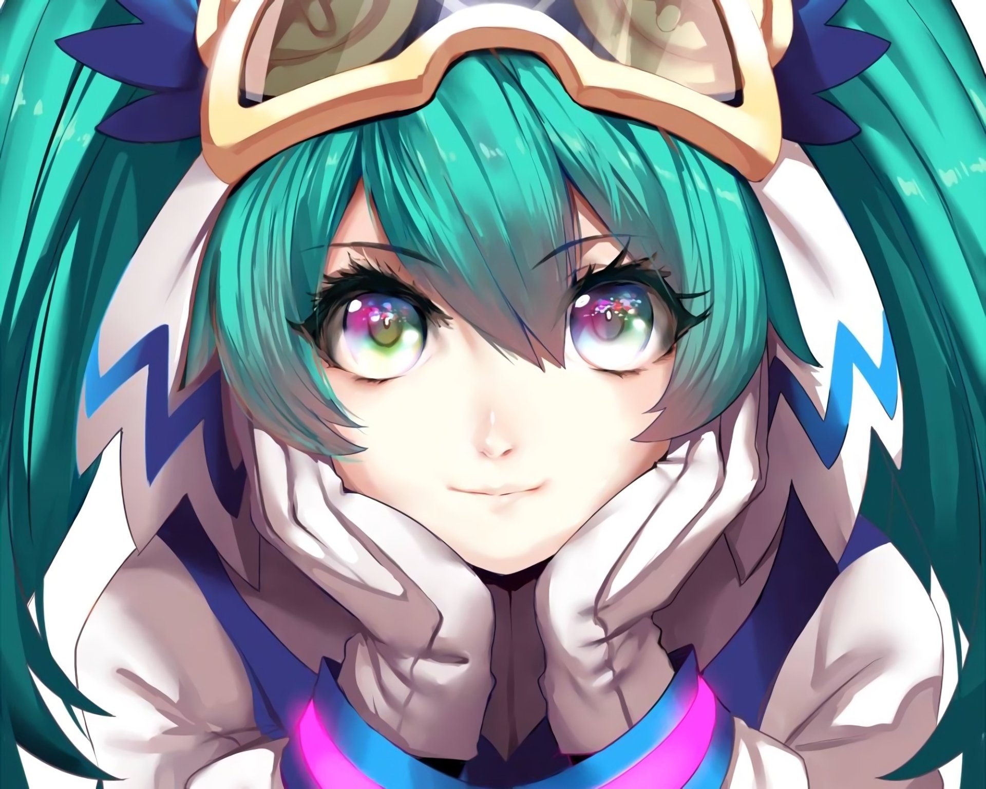 HD desktop wallpaper featuring Hatsune Miku, a Vocaloid character with blue twintails, wearing goggles and gloves. The vibrant anime art showcases her expressive face and colorful eyes.