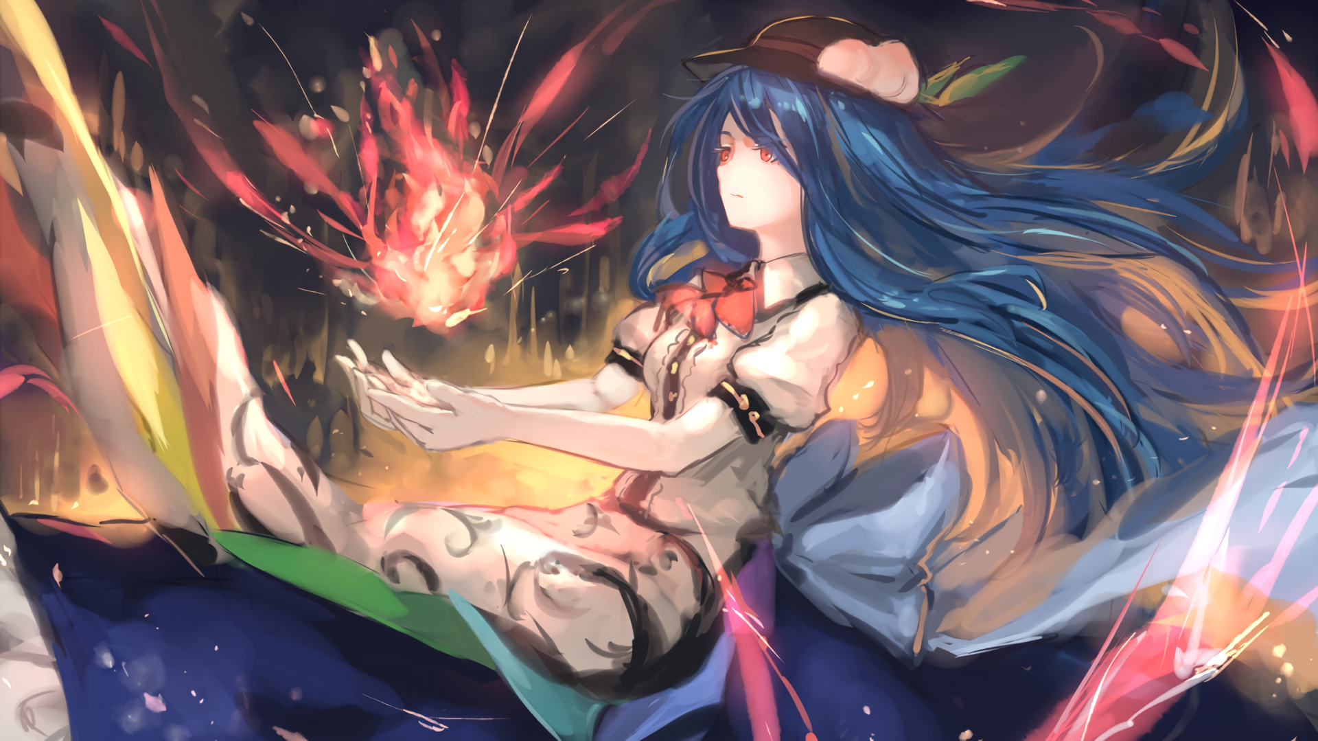 HD PC desktop wallpaper featuring Tenshi Hinanawi, a character from the Touhou anime series, with flowing blue hair and glowing fiery energy in her hands.