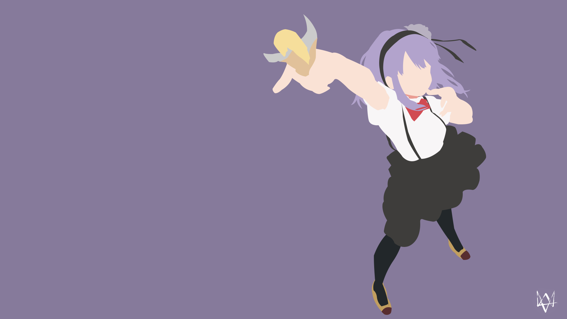 Minimalist HD anime wallpaper of Shidare Hotaru from Dagashi Kashi, featuring purple hair, headband, skirt, and pantyhose on a solid purple background.
