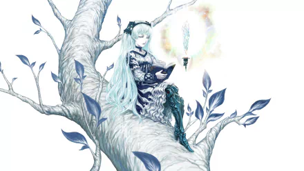Anime-style original artwork of a blue-haired girl in a white dress reading a book while sitting on a tree branch, illuminated by a floating lamp, HD desktop wallpaper.
