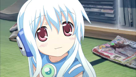 Chibi anime girl with blue hair, red eyes, and headphones smiles softly while holding a book, with a flower and magazines in the background, from Kowarekake no Orgel.
