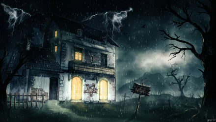 A dark, stormy night scene featuring a haunting house illuminated by rain and flashes of lightning, with a pentagram visible on the wall, set against a gloomy landscape.