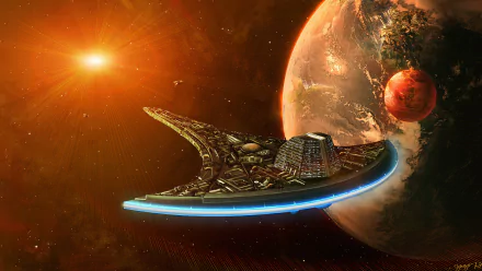 An elegant spaceship navigates the cosmos near a vibrant planet, capturing the essence of Stargate Universe in a stunning HD desktop wallpaper.