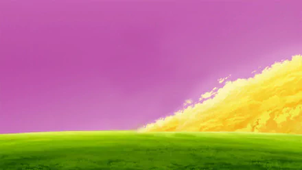 HD PC desktop wallpaper featuring an anime-style Dragon Ball Z background with a vibrant green field under a pink sky and a glowing yellow horizon.
