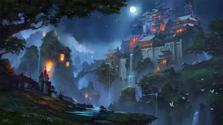 A fantasy night scene depicts a moonlit castle perched on a mountain, with waterfalls cascading down the cliffs. Lanterns glow warmly, contrasting the cool blue hues of the HD wallpaper background.
