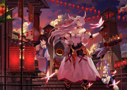 HD desktop wallpaper featuring anime characters in traditional Japanese clothing with long hair, set against a vibrant sunset and festive decorations. Inspired by Sangai Senki.