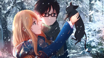 HD desktop wallpaper featuring characters Kousei Arima and Kaori Miyazono from the anime Your Lie in April in a snowy scene, holding a cat.