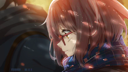 HD desktop wallpaper featuring Mirai Kuriyama from the anime Kyoukai no Kanata (Beyond the Boundary). She is shown in profile with her distinctive red glasses and scarf, illuminated by a warm light.