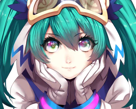 HD desktop wallpaper featuring Hatsune Miku, a Vocaloid character with blue twintails, wearing goggles and gloves. The vibrant anime art showcases her expressive face and colorful eyes.