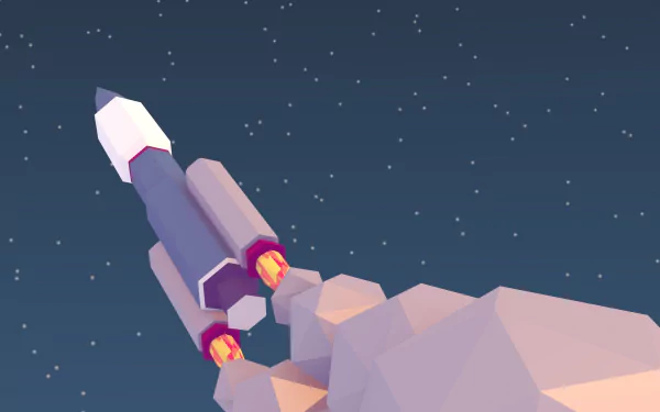 HD Sci-Fi desktop wallpaper featuring a low-polygonal rocket launching into a star-filled sky.