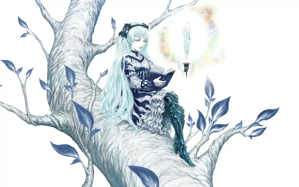 Anime-style original artwork of a blue-haired girl in a white dress reading a book while sitting on a tree branch, illuminated by a floating lamp, HD desktop wallpaper.