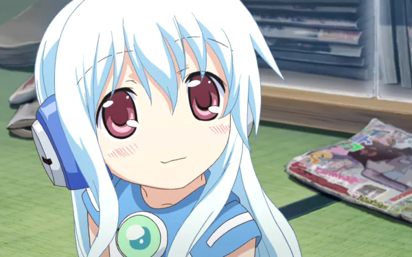 Chibi anime girl with blue hair, red eyes, and headphones smiles softly while holding a book, with a flower and magazines in the background, from Kowarekake no Orgel.