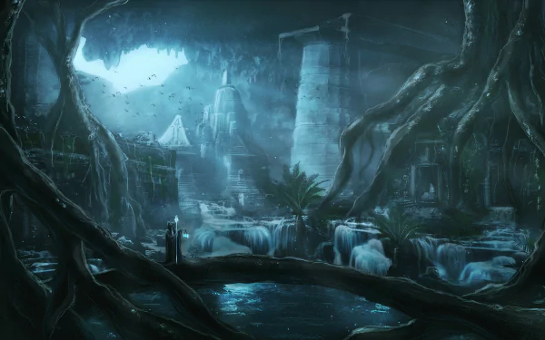 A mystical underground scene featuring a wizard surrounded by ancient ruins, illuminated by a dramatic sunbeam, with cascading waterfalls and vibrant foliage in a fantasy setting.