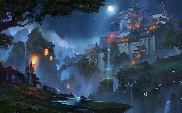 Fantasy Castle Castles Scenery Night Moon Lantern Waterfall HD Wallpaper | Background Image