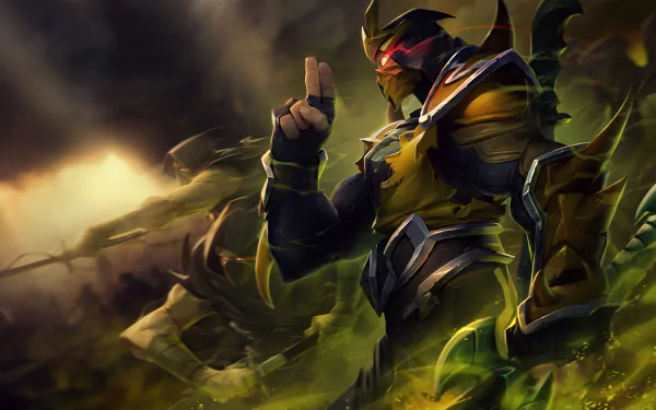 A dynamic HD wallpaper featuring Shen from League of Legends, showcasing his striking armor and intense pose amidst a vibrant, action-packed background.