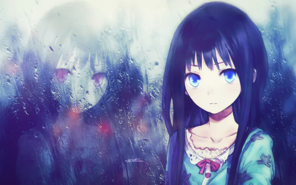 An HD wallpaper featuring Yūko Shionji from Heaven's Memo Pad, depicted with blue hair and eyes, set against a rainy background with reflections, capturing a moody anime aesthetic.