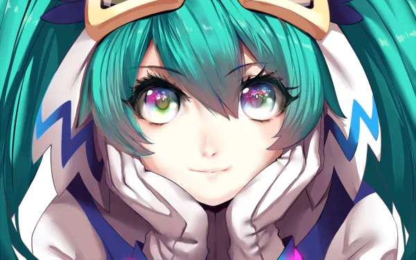 HD desktop wallpaper featuring Hatsune Miku, a Vocaloid character with blue twintails, wearing goggles and gloves. The vibrant anime art showcases her expressive face and colorful eyes.