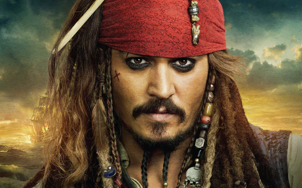 HD desktop wallpaper featuring Johnny Depp as Jack Sparrow from Pirates of the Caribbean: On Stranger Tides, set against a dramatic sunset background.