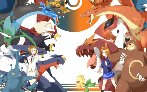 Anime crossover HD desktop wallpaper featuring various characters and creatures facing each other, set against a vibrant background.