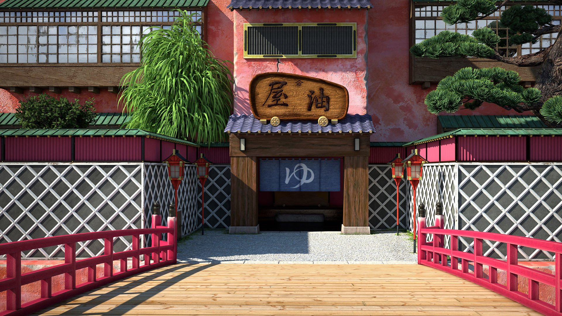 An HD wallpaper depicting the iconic setting from Spirited Away, showcasing a vibrant bridge leading to a traditional bathhouse surrounded by lush greenery.
