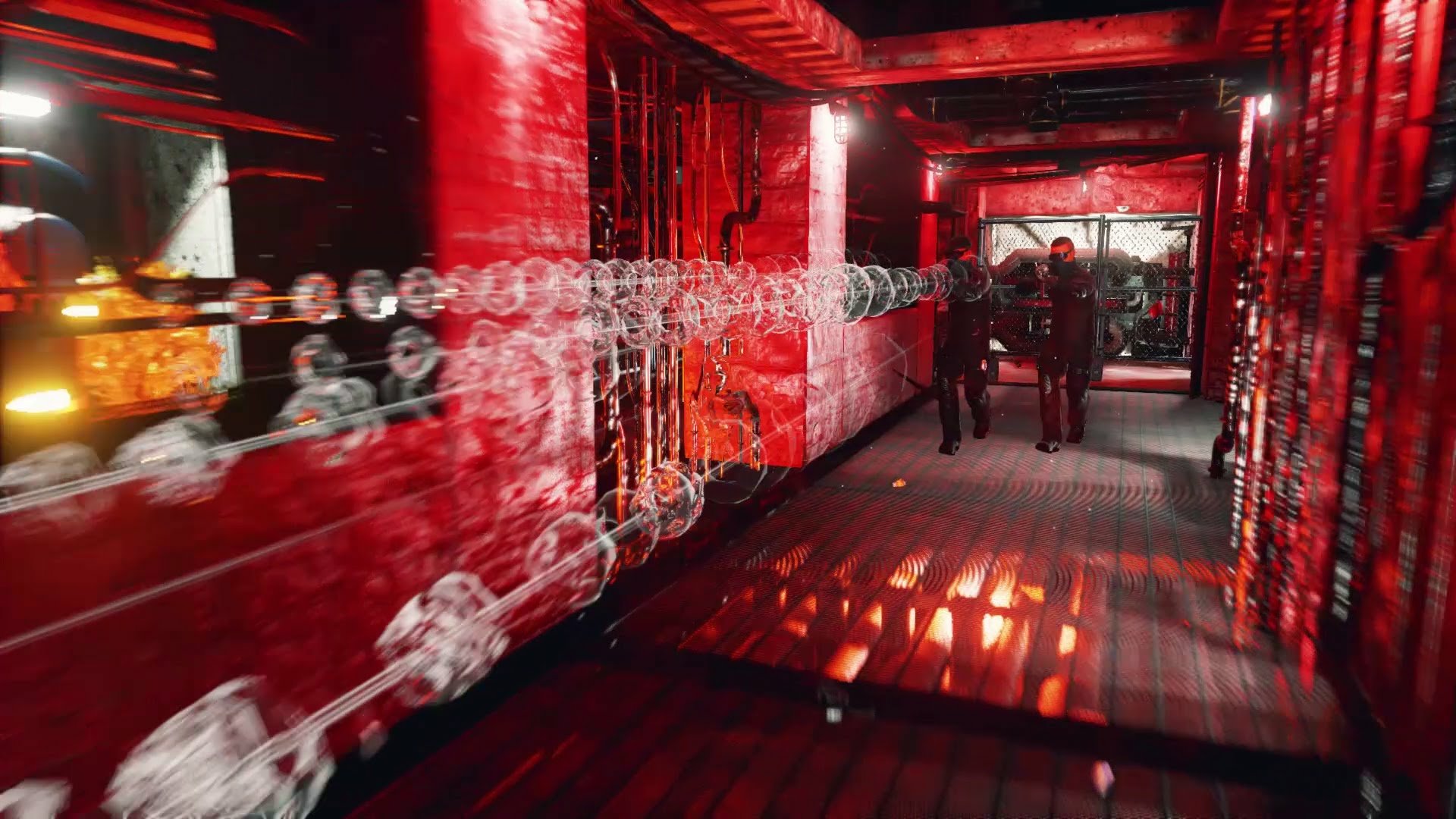 HD desktop wallpaper for Gemini: Heroes Reborn, featuring characters in a red-lit corridor with reflective surfaces and chain barriers.