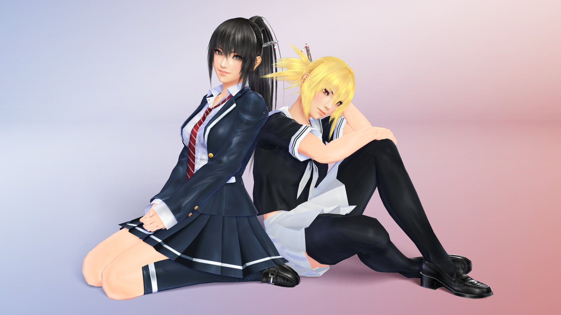 Download Tie Grey Eyes Yellow Eyes Blonde Black Hair Ponytail Skirt School Uniform Video Game Mitsurugi Kamui Hikae HD Wallpaper