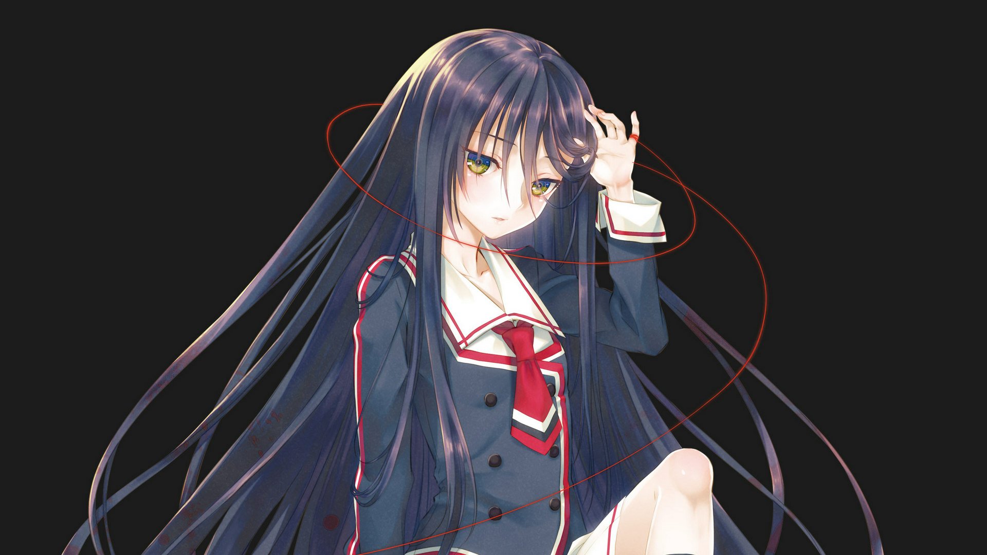 Anime HD desktop wallpaper of Mizuki Shigeko-san in a school uniform, featuring long black hair, green eyes, and a subtle blush on her cheeks.