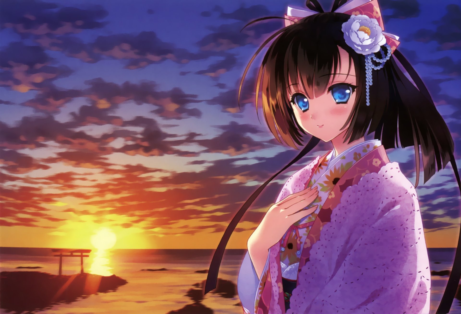 Download Sunset Smile Blush Bow Clothing Brown Hair Blue Eyes Japanese Clothes Short Hair 2104