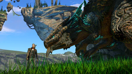 Scalebound-themed HD desktop wallpaper featuring a character standing beside a massive dragon in a lush green landscape.