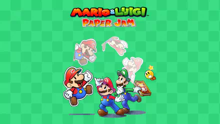 HD desktop wallpaper of Mario & Luigi: Paper Jam featuring Mario, Luigi, and paper characters on a green background.