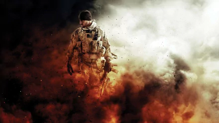 HD PC desktop wallpaper from the video game Medal of Honor: Warfighter featuring a soldier holding a gun amidst fiery smoke and dust.