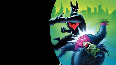 HD PC desktop wallpaper from the TV show Batman Beyond showing Batman in a black-and-red suit striking a green-skinned villain with a neon city skyline in the background.
