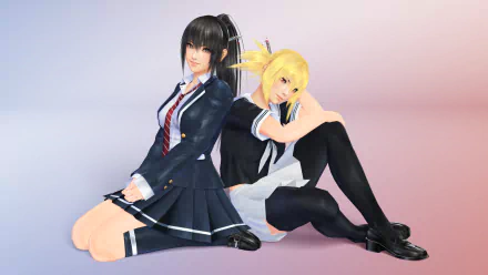 tie grey eyes yellow eyes blonde black hair ponytail skirt school uniform video game Mitsurugi Kamui Hikae HD Desktop Wallpaper | Background Image