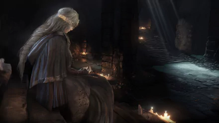 HD desktop wallpaper featuring a scene from Dark Souls III; a solemn hooded figure is seated in a dimly lit, mysterious environment with scattered candles and ancient stone architecture.