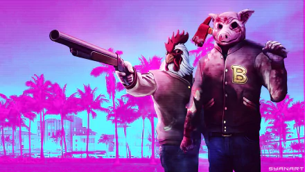 HD PC desktop wallpaper featuring vibrant, neon-lit characters from the video game Hotline Miami, with a rooster-masked figure wielding a shotgun and a pig-masked figure in a varsity jacket.