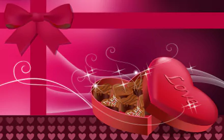 HD Valentine's Day desktop wallpaper featuring a red heart-shaped box of chocolates with a bow and decorative swirls on a pink and red background.