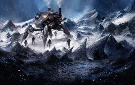 Sci-fi HD desktop wallpaper featuring a robotic warrior navigating a snowy mountainous battlefield under heavy snowfall.