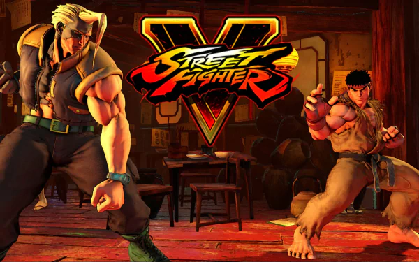 High-definition Street Fighter V wallpaper featuring game characters ready for battle with the game's logo centered in the background.