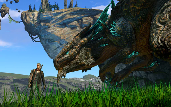 Scalebound-themed HD desktop wallpaper featuring a character standing beside a massive dragon in a lush green landscape.