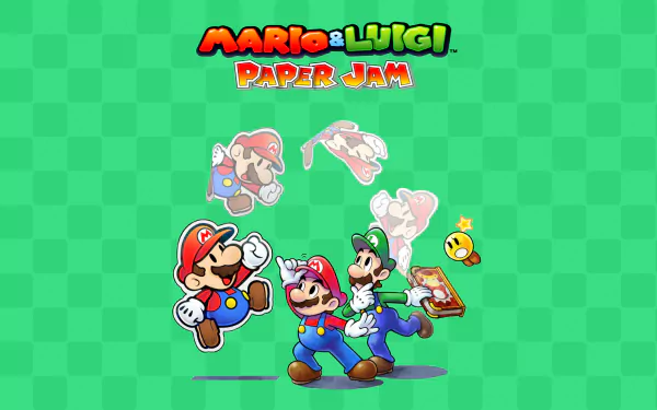HD desktop wallpaper of Mario & Luigi: Paper Jam featuring Mario, Luigi, and paper characters on a green background.
