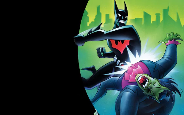 HD PC desktop wallpaper from the TV show Batman Beyond showing Batman in a black-and-red suit striking a green-skinned villain with a neon city skyline in the background.