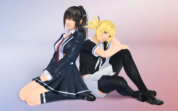 tie grey eyes yellow eyes blonde black hair ponytail skirt school uniform video game Mitsurugi Kamui Hikae HD Desktop Wallpaper | Background Image