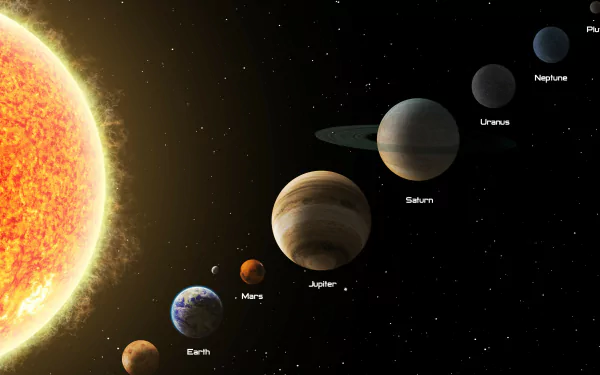 A CGI depiction of the solar system with the Sun and planets in order: Mercury, Venus, Earth, Mars, Jupiter, Saturn, Uranus, Neptune, and Pluto. HD space-themed desktop wallpaper and background.