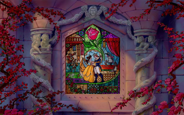 Stunning HD wallpaper featuring a stained glass window from Beauty and the Beast (1991), showcasing Belle and the Beast surrounded by vibrant roses and intricate details.