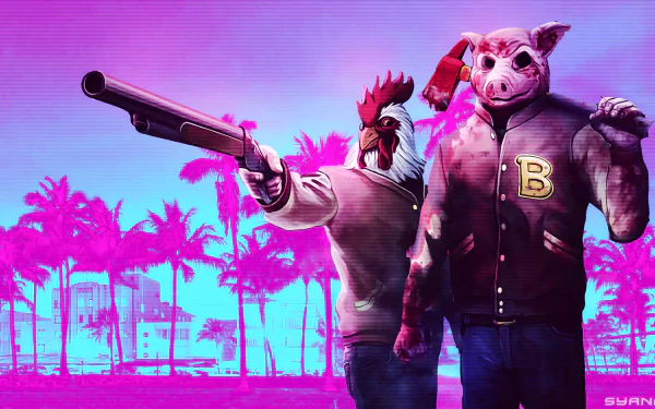 HD PC desktop wallpaper featuring vibrant, neon-lit characters from the video game Hotline Miami, with a rooster-masked figure wielding a shotgun and a pig-masked figure in a varsity jacket.