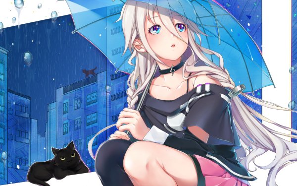 Anime Vocaloid IA Long Hair White Hair Braid Blue Eyes Umbrella Cat Skirt Blush HD Wallpaper | Background Image