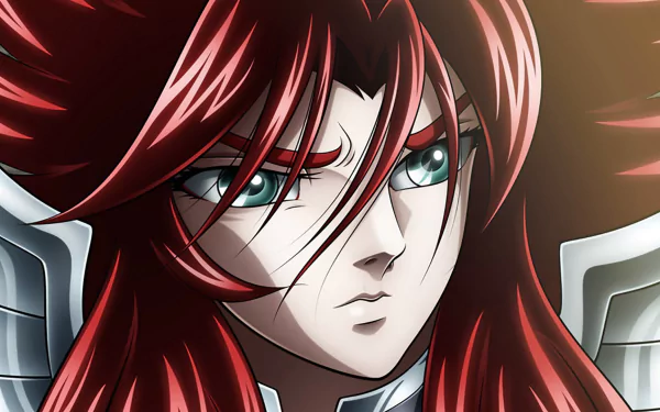 Close-up of Hades from Saint Seiya anime, featuring detailed red hair and intense gaze, rendered as an HD PC desktop wallpaper and background.