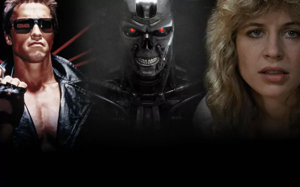 High-definition wallpaper featuring Arnold Schwarzenegger as the Terminator, Linda Hamilton as Sarah Connor, and the iconic menacing look of a cybernetic foe from the movie The Terminator.